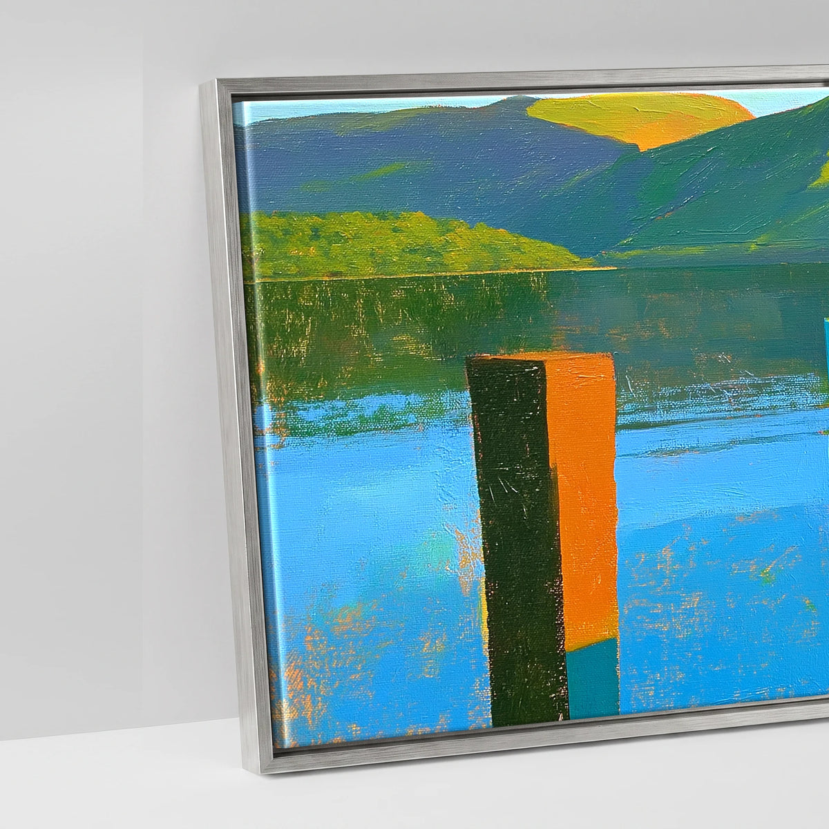 Sunlit Jetty and Vibrant Lakeland Fells - artwork detail in an antique silver float frame