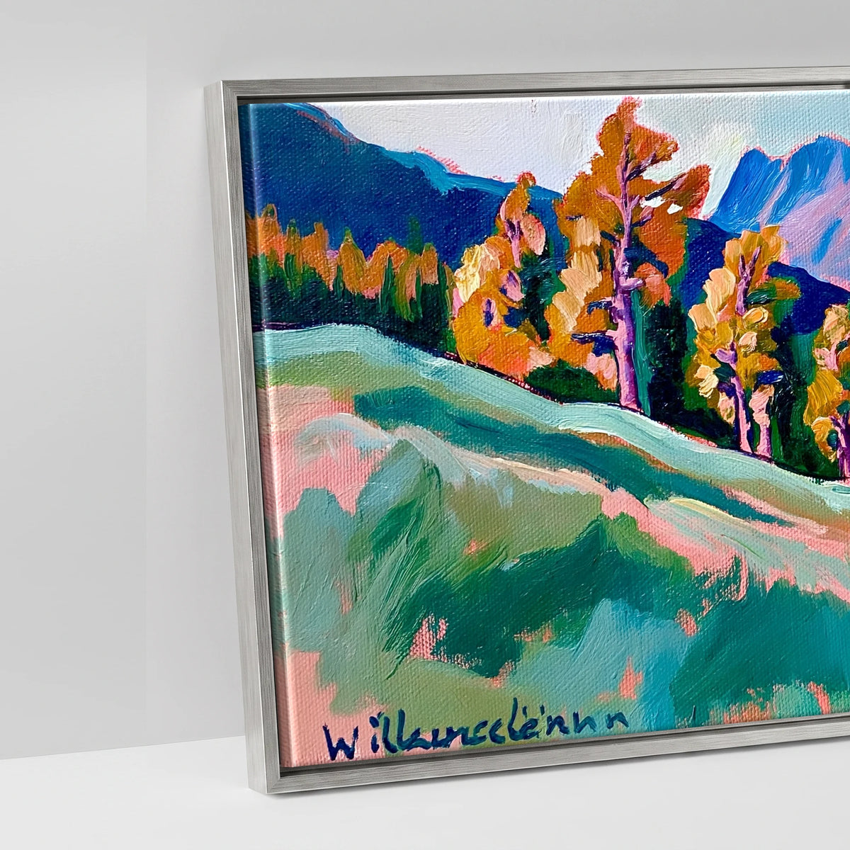 Vibrant Autumn Larches at Blea Tarn - artwork detail in an antique silver float frame