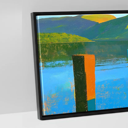 Sunlit Jetty and Vibrant Lakeland Fells - artwork detail in a black float frame