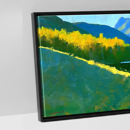 Sunlight and Blue Shadows over Buttermere - artwork detail in a black float frame
