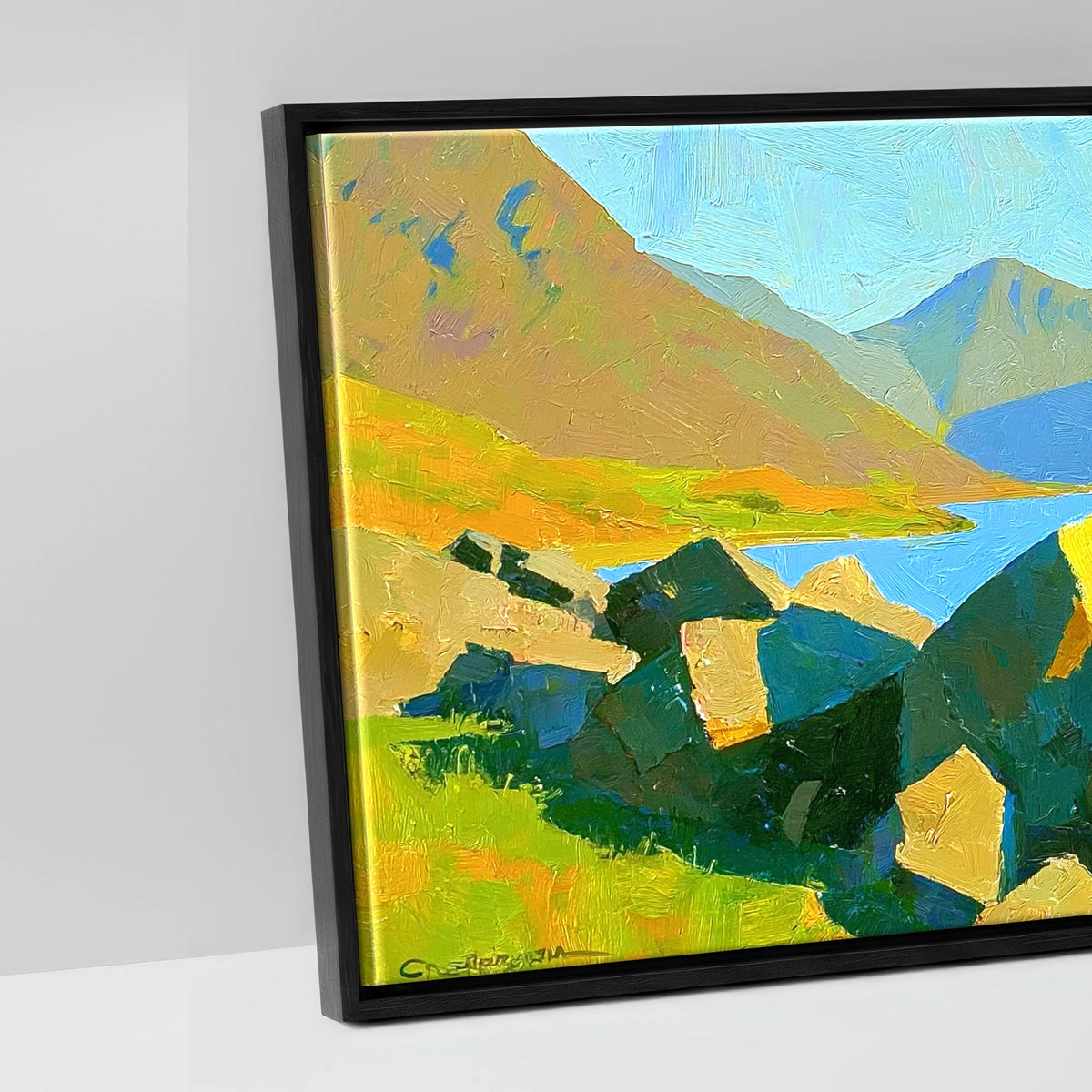 Wastwater Boulders and Sunlit Fells - artwork detail in a black float frame