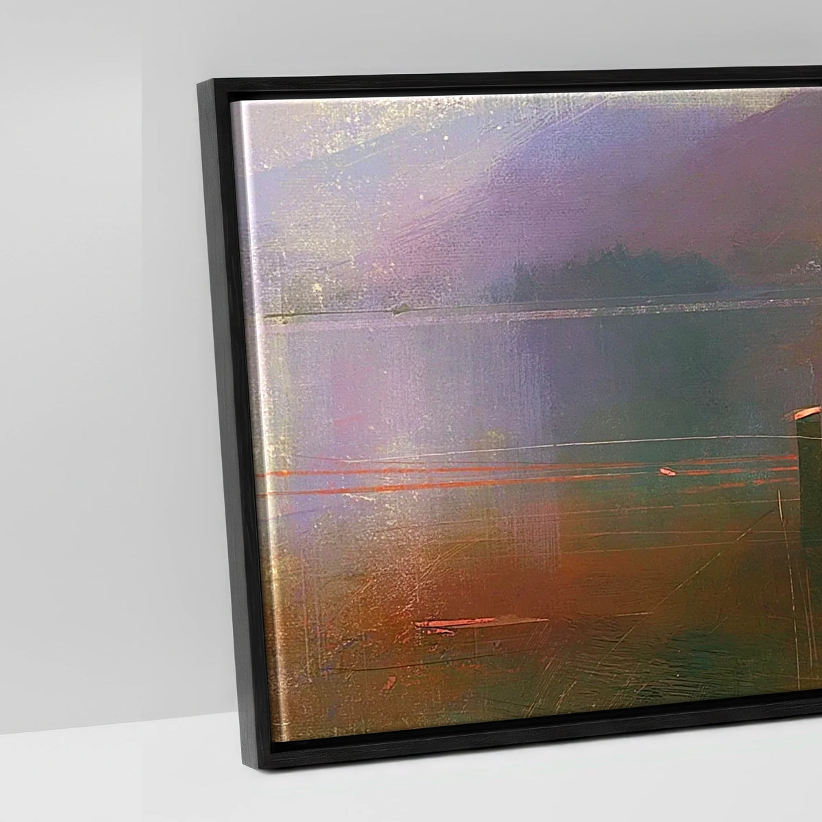 Derwentwater Jetty under Violet Fells - artwork detail in a black float frame