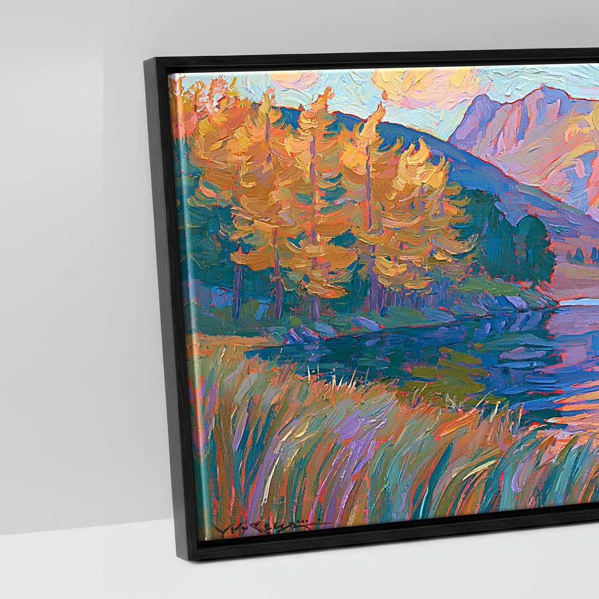 Vibrant Autumn Lakeland Tarn at Sunset - artwork detail in a black float frame