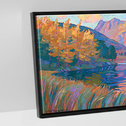 Vibrant Autumn Lakeland Tarn at Sunset - artwork detail in a black float frame