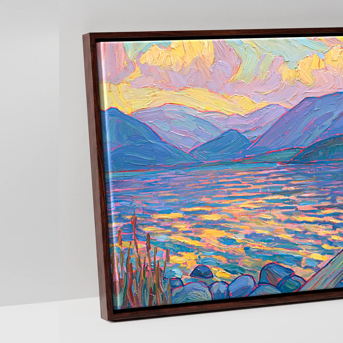 Golden Light over the Lakeside Jetty - artwork detail in a brown float frame