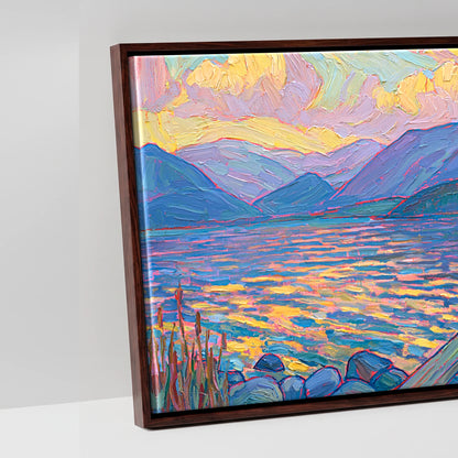 Golden Light over the Lakeside Jetty - artwork detail in a brown float frame