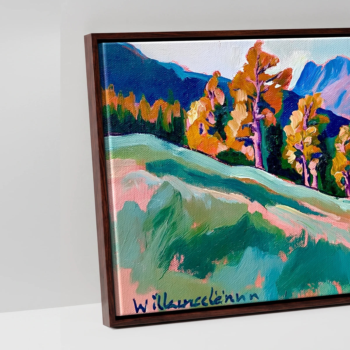 Vibrant Autumn Larches at Blea Tarn - artwork detail in a brown float frame