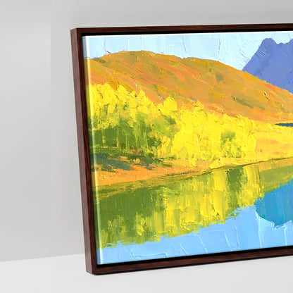 Sunlit Fells over Crummock Water Reflection - artwork detail in a brown float frame