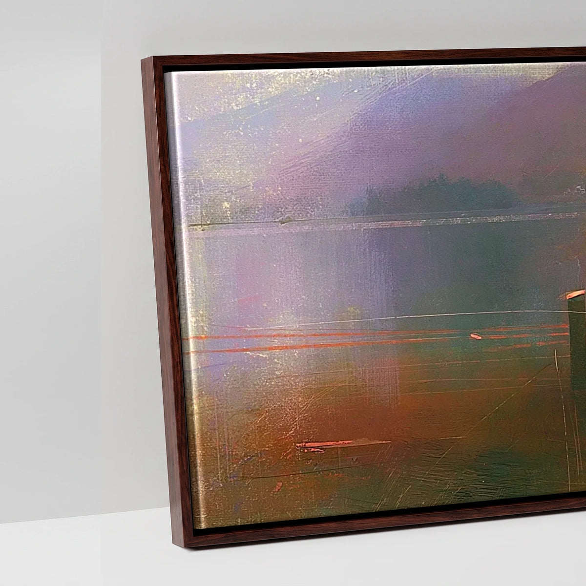Derwentwater Jetty under Violet Fells - artwork detail in a brown float frame