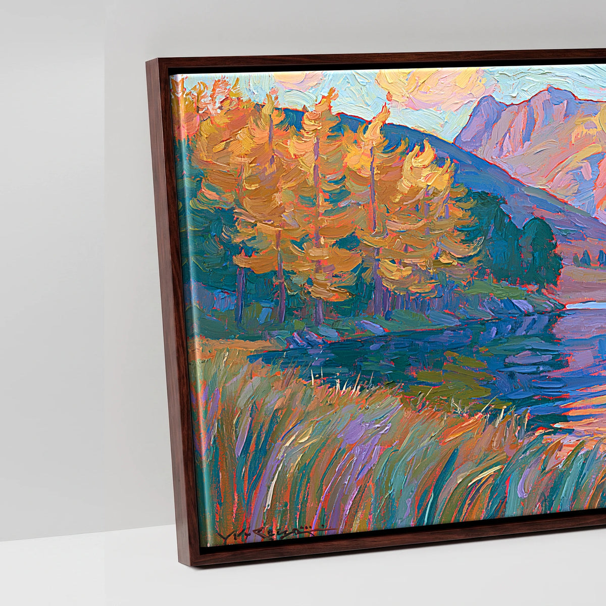 Vibrant Autumn Lakeland Tarn at Sunset - artwork detail in a brown float frame