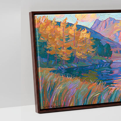 Vibrant Autumn Lakeland Tarn at Sunset - artwork detail in a brown float frame