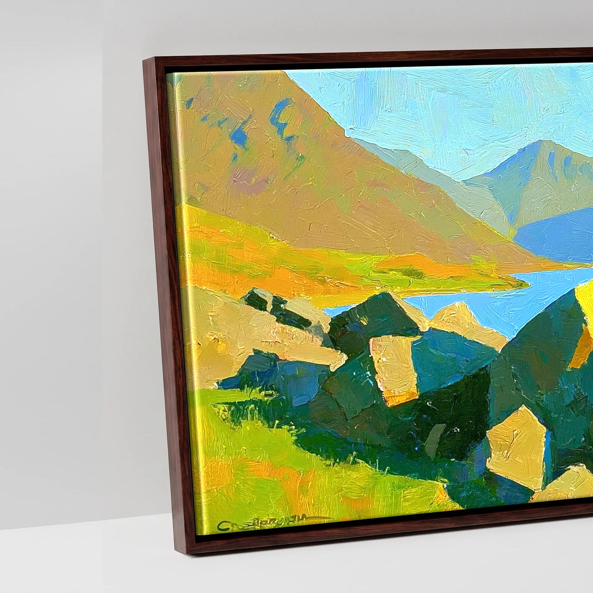 Wastwater Boulders and Sunlit Fells - artwork detail in a brown float frame