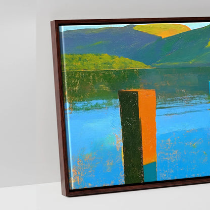 Sunlit Jetty and Vibrant Lakeland Fells - artwork detail in a brown float frame