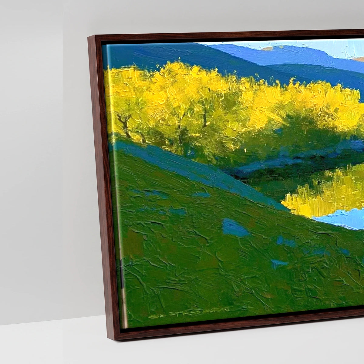 Azure Mountains and Golden Lake Fells - artwork detail in a brown float frame
