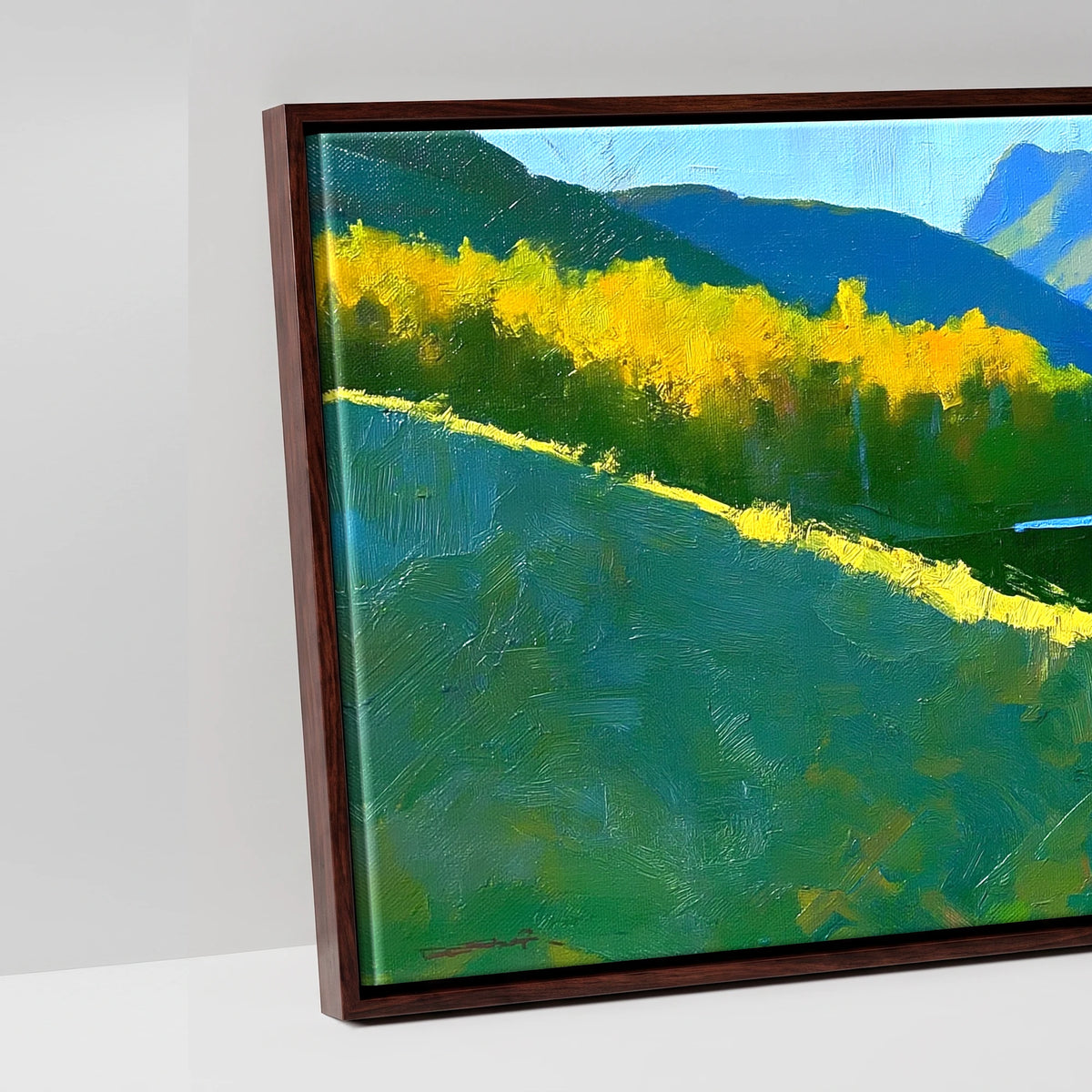Sunlight and Blue Shadows over Buttermere - artwork detail in a brown float frame