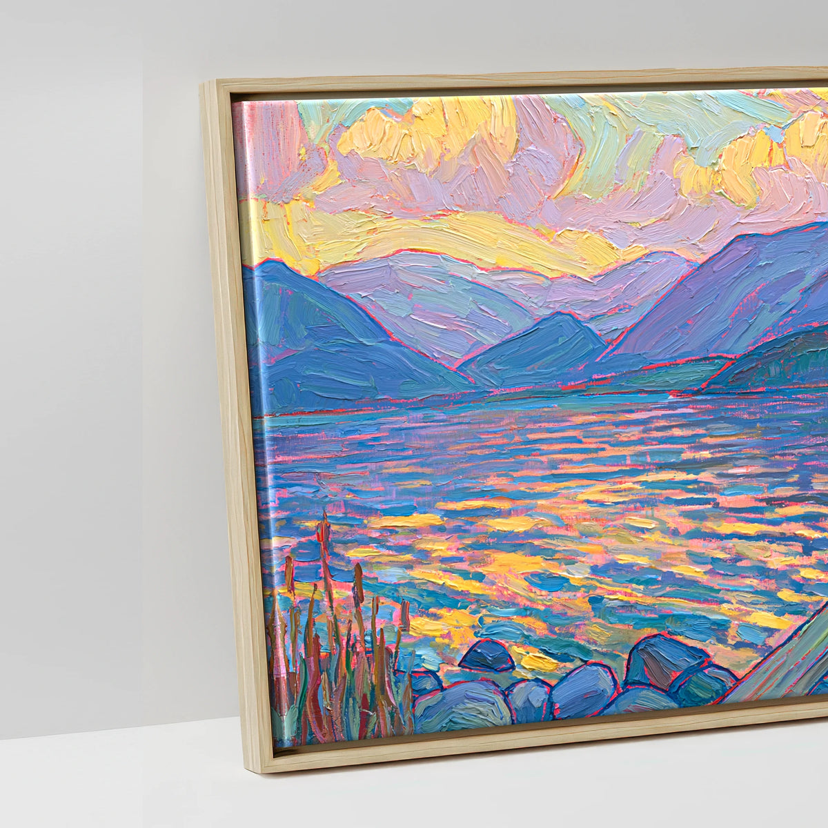 Golden Light over the Lakeside Jetty - artwork detail in a natural float frame