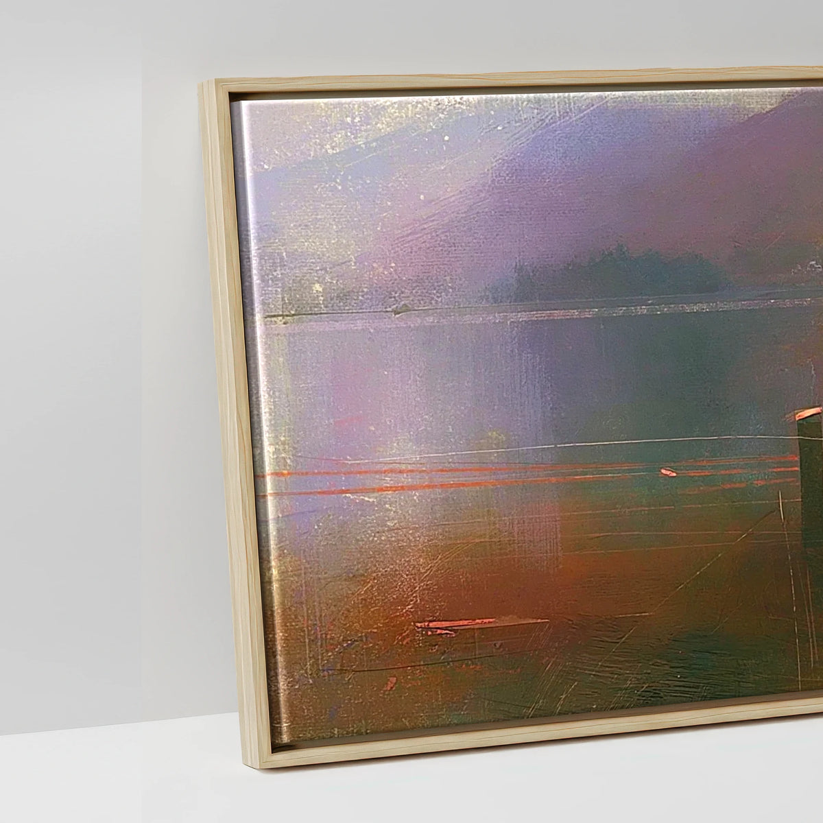 Derwentwater Jetty under Violet Fells - artwork detail in a natural float frame
