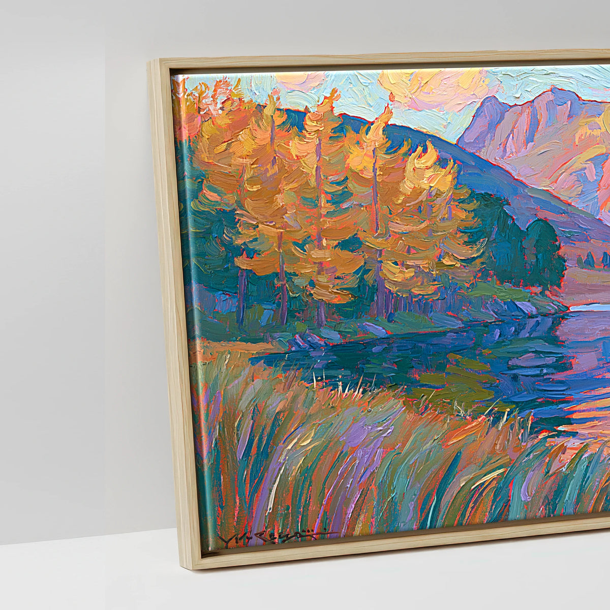 Vibrant Autumn Lakeland Tarn at Sunset - artwork detail in a natural float frame