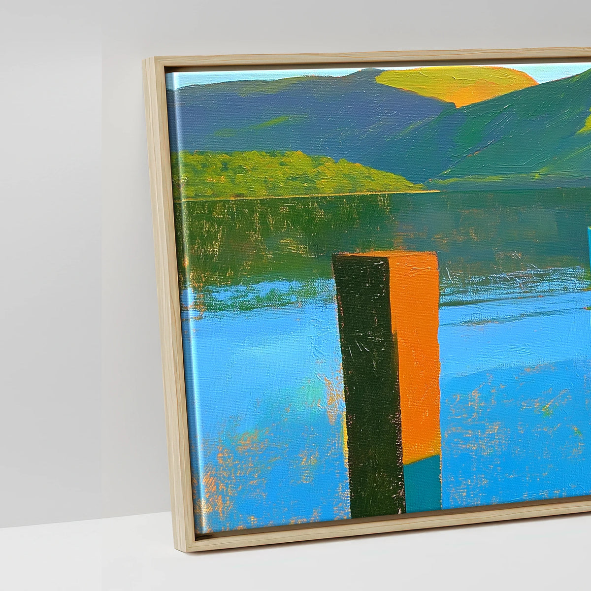 Sunlit Jetty and Vibrant Lakeland Fells - artwork detail in a natural float frame