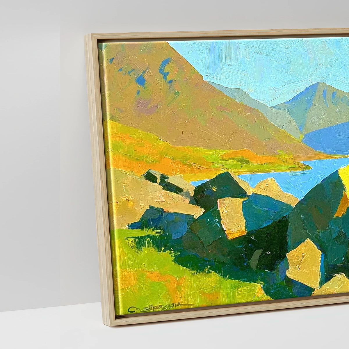 Wastwater Boulders and Sunlit Fells - artwork detail in a natural float frame