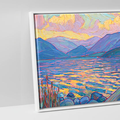 Golden Light over the Lakeside Jetty - artwork detail in a white float frame