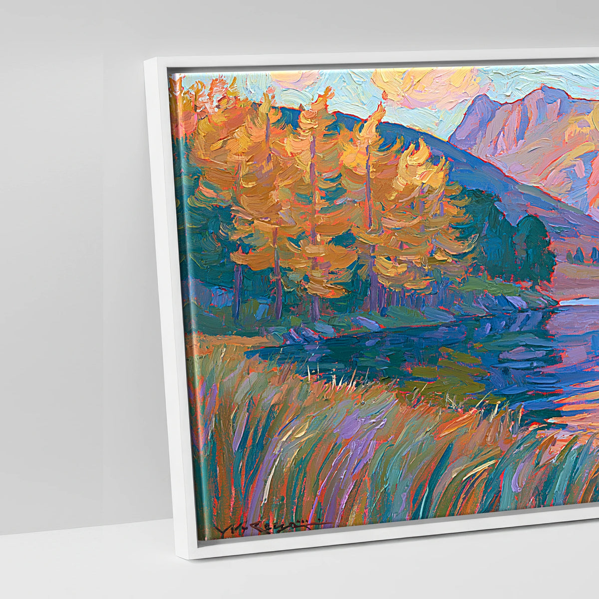 Vibrant Autumn Lakeland Tarn at Sunset - artwork detail in a white float frame