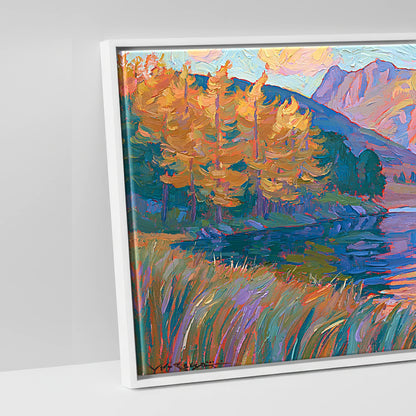 Vibrant Autumn Lakeland Tarn at Sunset - artwork detail in a white float frame