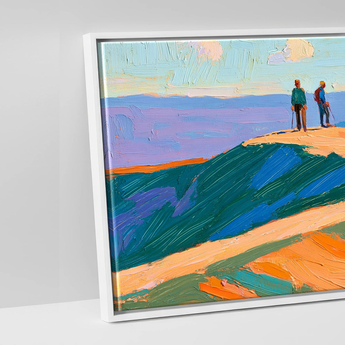 Hikers on a Radiant Fell Top - artwork detail in a white float frame