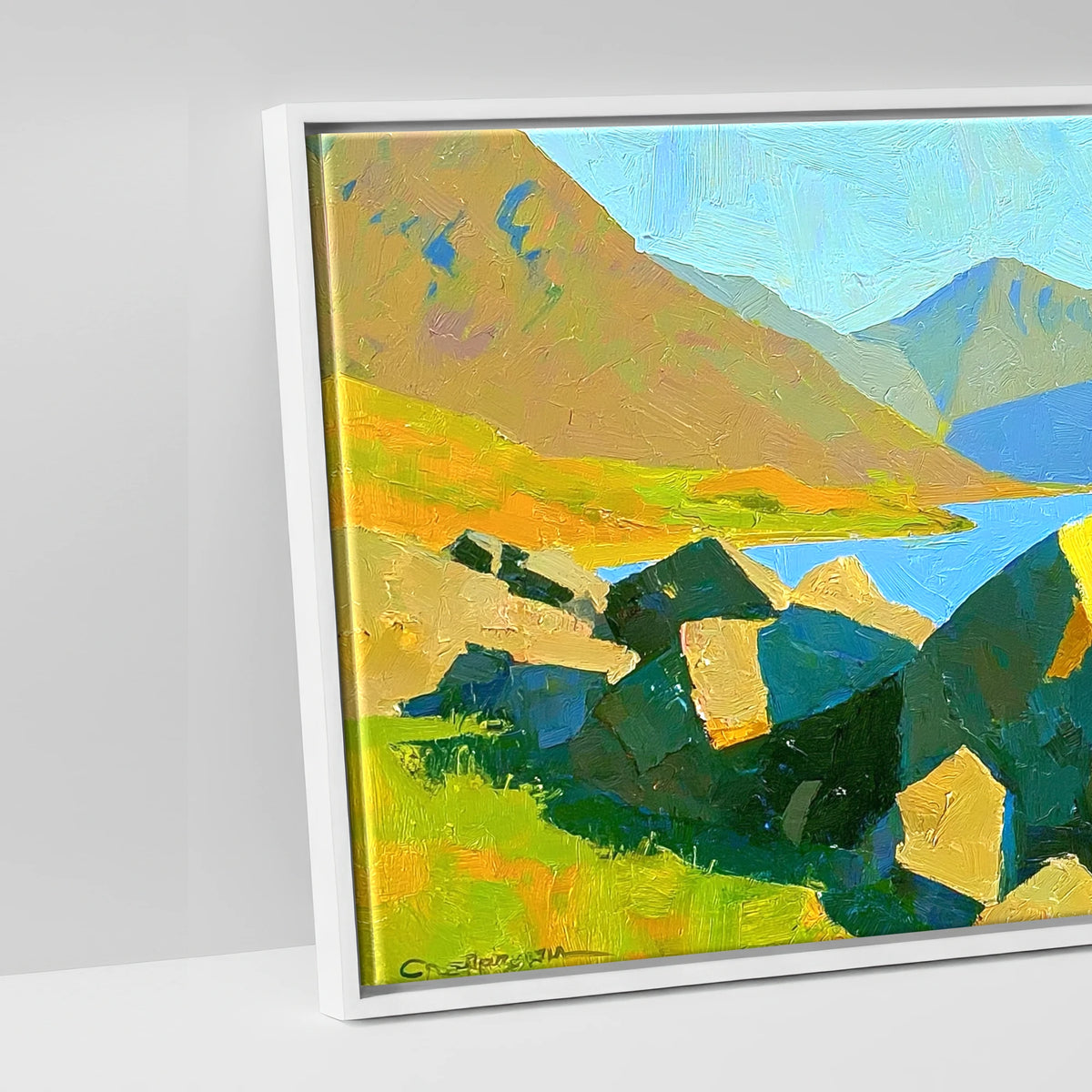 Wastwater Boulders and Sunlit Fells - artwork detail in a white float frame