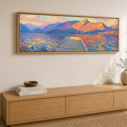 Golden Light over the Lakeside Jetty Lake District Lake panoramic canvas wall art displayed above a sideboard