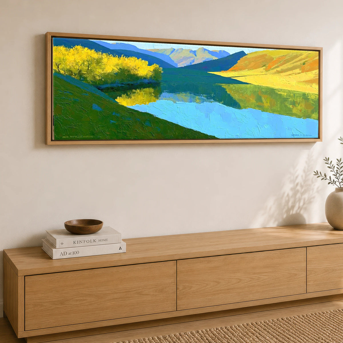 Azure Mountains and Golden Lake Fells Lake District Lake panoramic canvas wall art displayed above a sideboard