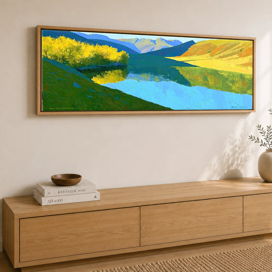 Azure Mountains and Golden Lake Fells Lake District Lake panoramic canvas wall art displayed above a sideboard