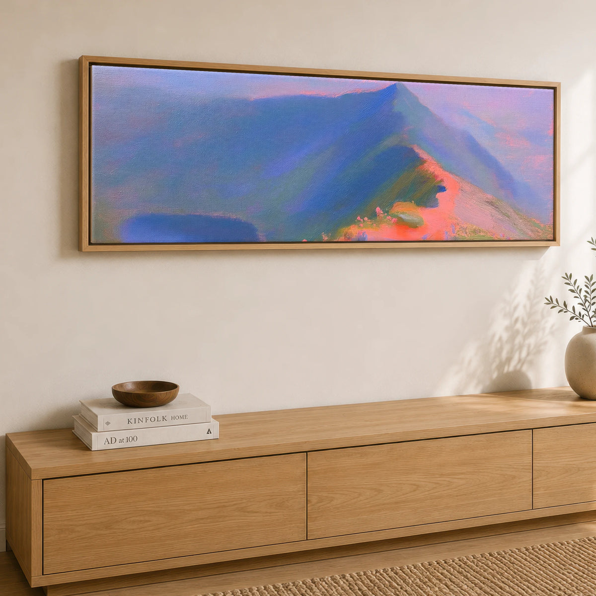 Striding Edge in Pink Twilight Lake District Walking panoramic canvas wall art displayed above a sideboard