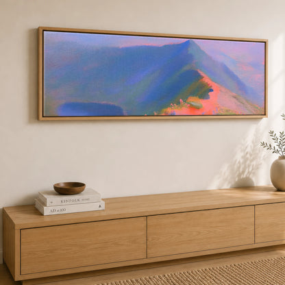 Striding Edge in Pink Twilight Lake District Walking panoramic canvas wall art displayed above a sideboard