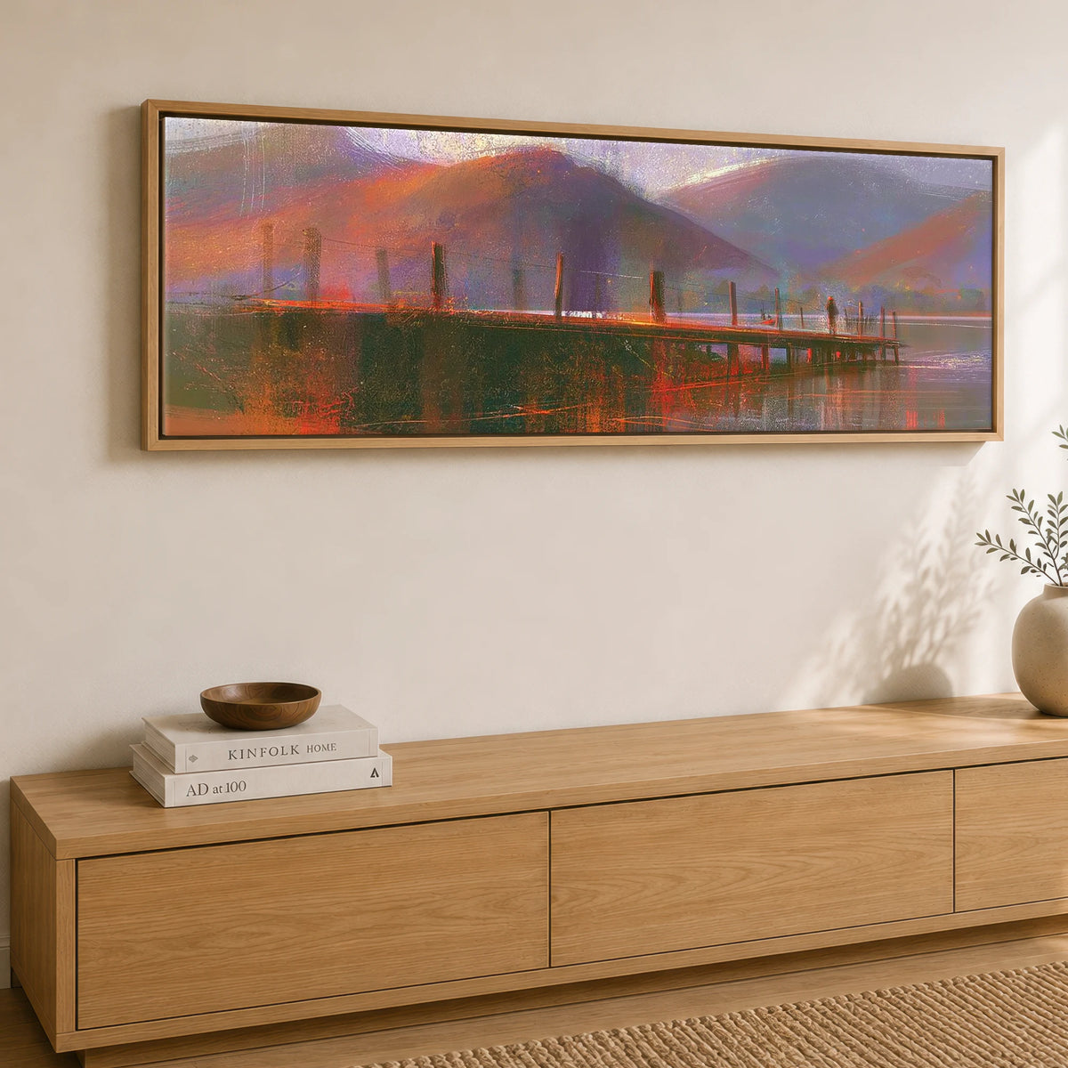 Derwentwater Jetty in Violet and Russet Lake District Lake panoramic canvas wall art displayed above a sideboard