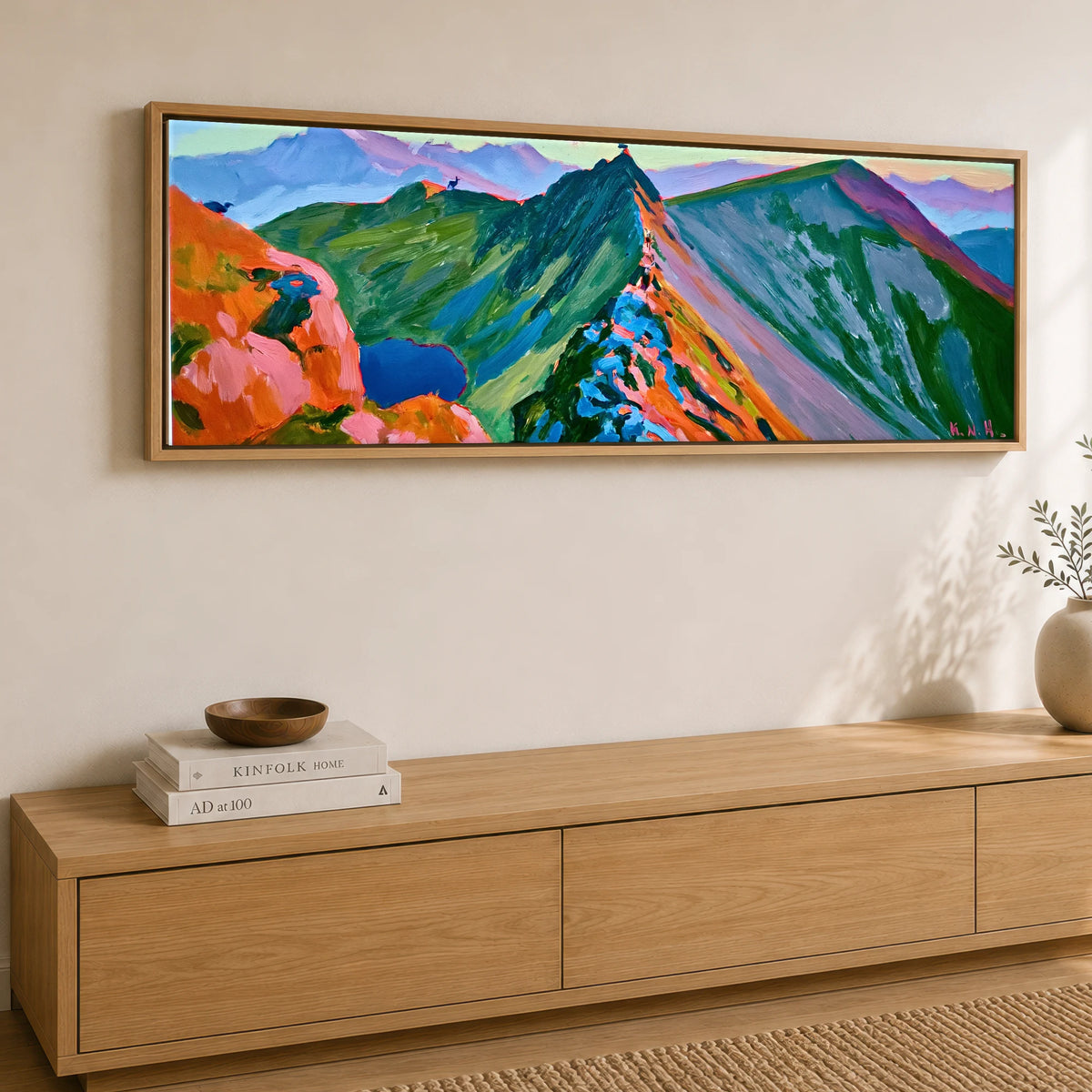 Vivid Striding Edge on Helvellyn Lake District Walking panoramic canvas wall art displayed above a sideboard