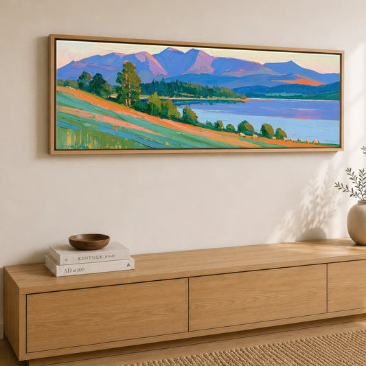 Vibrant Keswick Fells and Lake Lake District Village panoramic canvas wall art displayed above a sideboard