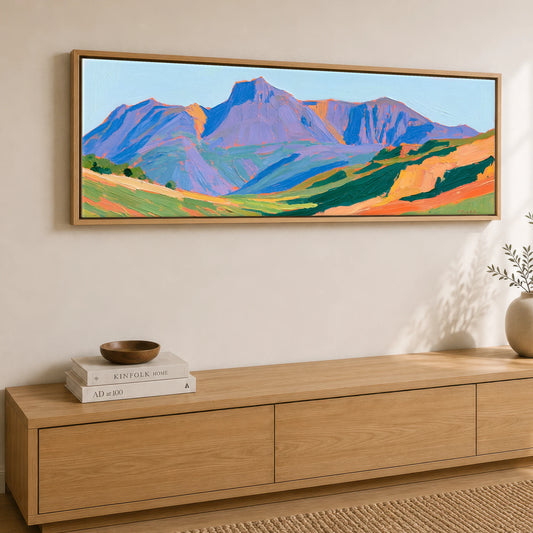 Vibrant Colours on Bowfell Peak Lake District Fell panoramic canvas wall art displayed above a sideboard