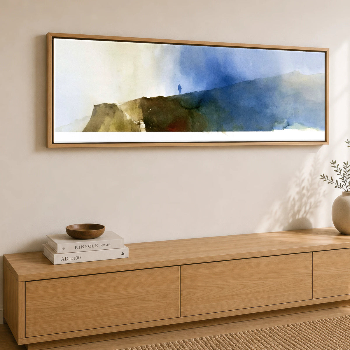 Striding Edge Fell Walker Silhouette Lake District Walking panoramic canvas wall art displayed above a sideboard