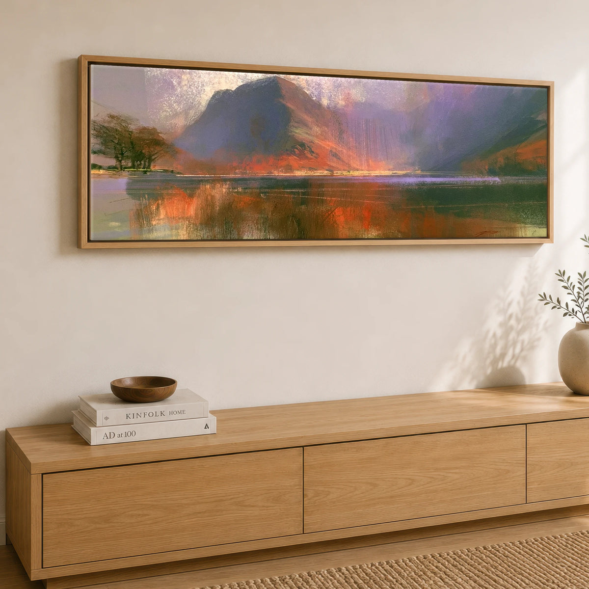 Violet Fells Above Buttermere Lake District Lake panoramic canvas wall art displayed above a sideboard