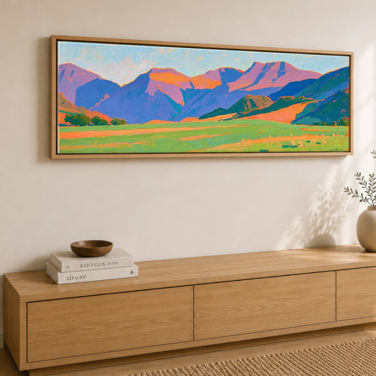 Vibrant Wasdale Fells Lake District Valley panoramic canvas wall art displayed above a sideboard