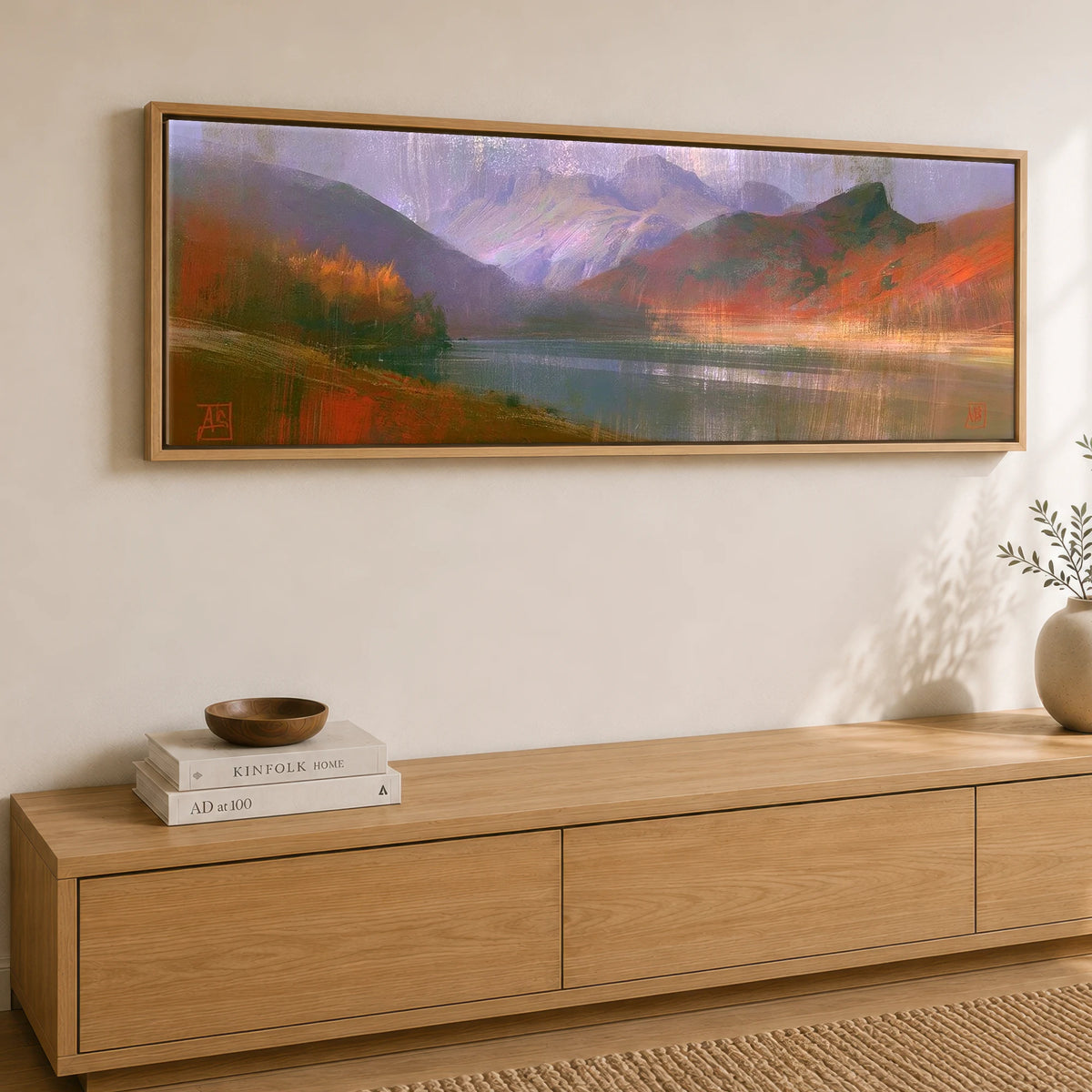 Autumn Colours at Blea Tarn Lake District Lake panoramic canvas wall art displayed above a sideboard