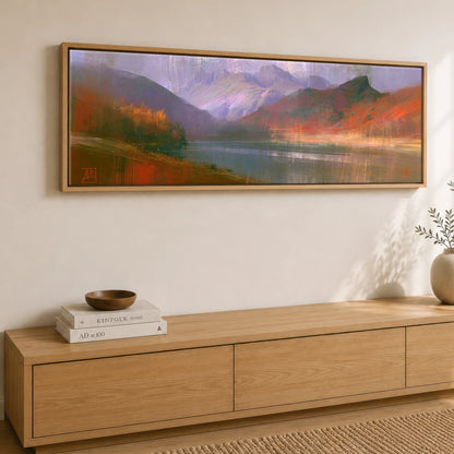 Autumn Colours at Blea Tarn Lake District Lake panoramic canvas wall art displayed above a sideboard