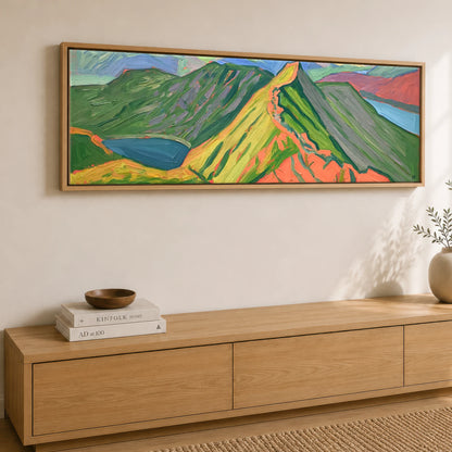 Vivid Striding Edge and Helvellyn Lake District Walking panoramic canvas wall art displayed above a sideboard