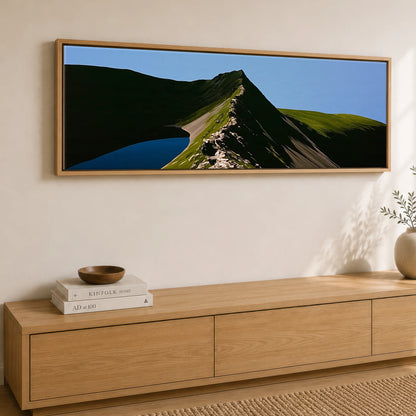 Dramatic Shadows on Striding Edge Helvellyn Lake District Walking panoramic canvas wall art displayed above a sideboard
