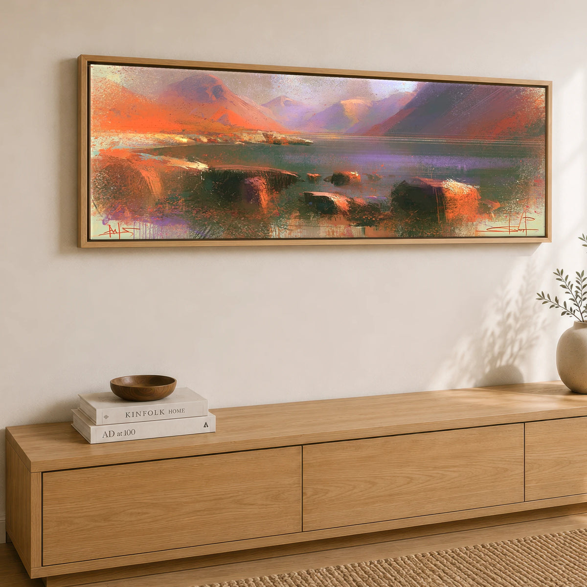 Wastwater and Great Gable Sunset Lake District Lake panoramic canvas wall art displayed above a sideboard
