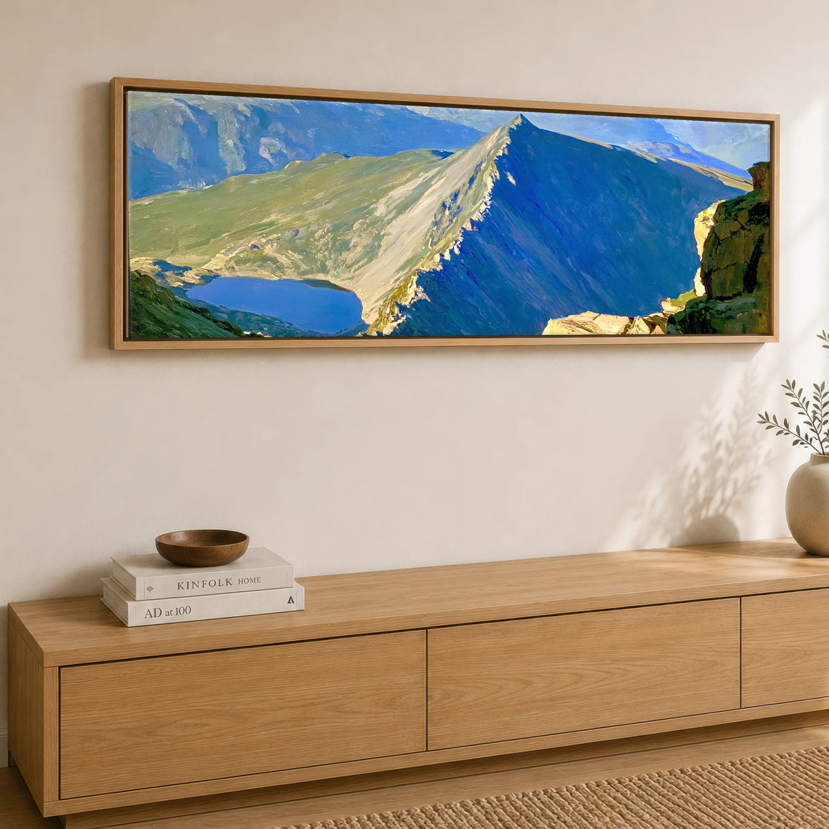 Sunlit Striding Edge Helvellyn Lake District Walking panoramic canvas wall art displayed above a sideboard