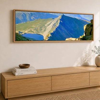 Sunlit Striding Edge Helvellyn Lake District Walking panoramic canvas wall art displayed above a sideboard