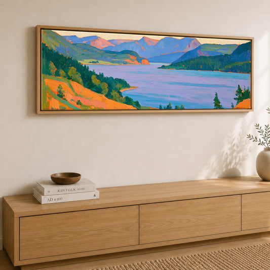 Vivid Lodore Falls Lake View Lake District Waterfall panoramic canvas wall art displayed above a sideboard
