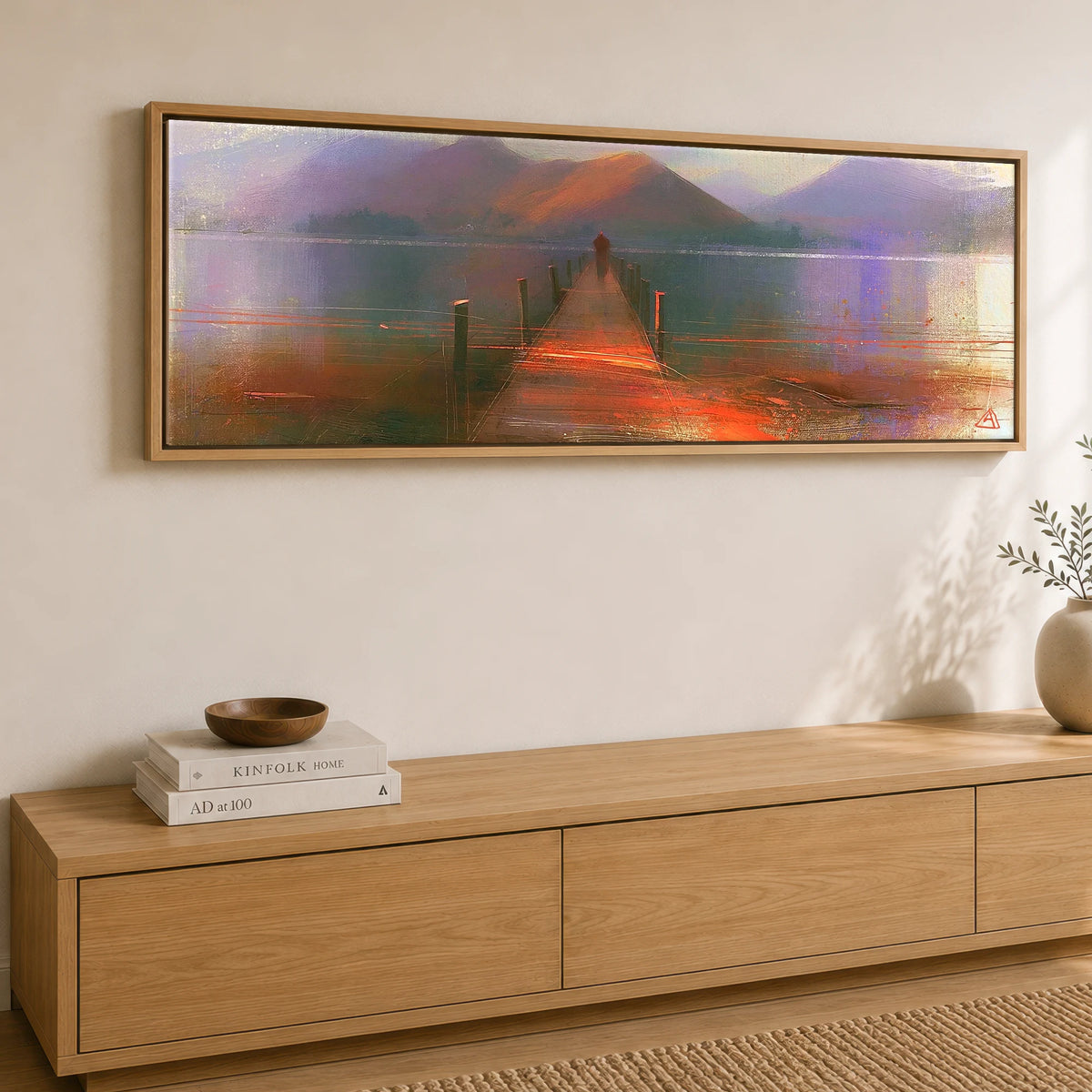 Derwentwater Jetty under Violet Fells Lake District Lake panoramic canvas wall art displayed above a sideboard